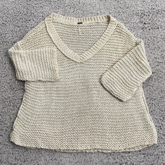 Free People Sweaters - Free People Size M Cream Oversized V-Neck Short Sleeve Cotton Blend Knit Sweater
